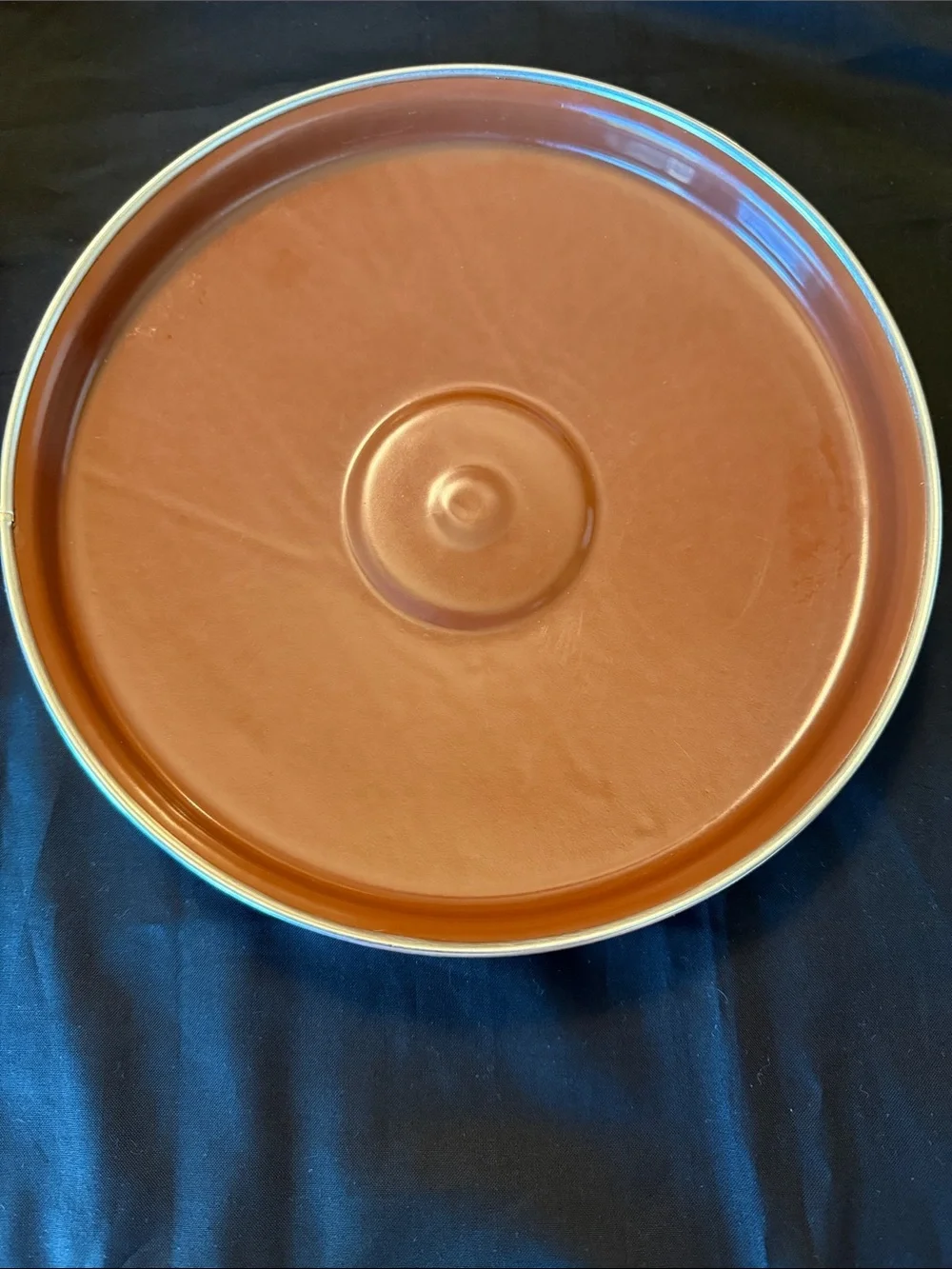 1970s enamelware skillet  featuring a retro “Spice of Life” motif.